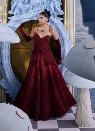 Merida red sangria embellished skirt with organza top