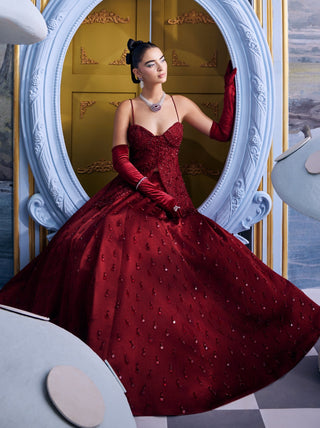 Merida red sangria embellished skirt with organza top