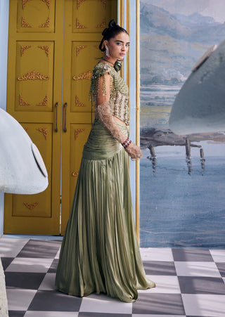 Moana kiwi green embellished corset with pleated skirt