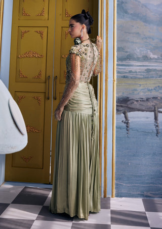 Moana kiwi green embellished corset with pleated skirt
