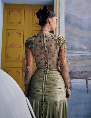 Moana kiwi green embellished corset with pleated skirt