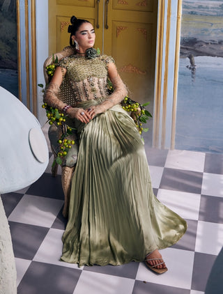 Moana kiwi green embellished corset with pleated skirt