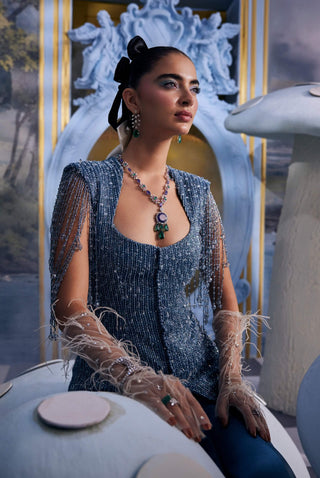 Stardust powder blue embellished blazer with sharara