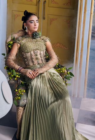 Moana kiwi green embellished corset with pleated skirt