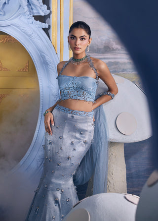 Caroline light blue embellished mermaid skirt set