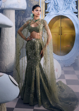 Grace sage green crystal mermaid skirt with cape set