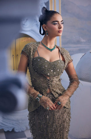 Jade sea-grey crystal embellished mermaid skirt set