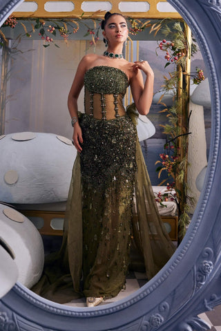 Isabela green crystal embellished gown with trail