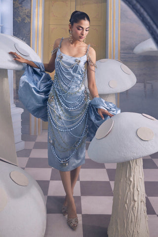 Merida iceberg blue embellished dress with cape