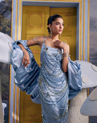 Merida iceberg blue embellished dress with cape
