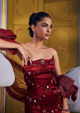 Courtney red sangria embellished dress with scarf
