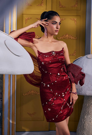 Courtney red sangria embellished dress with scarf