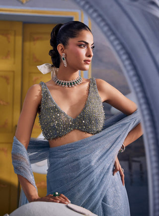 Annika iceberg blue net sari with blouse
