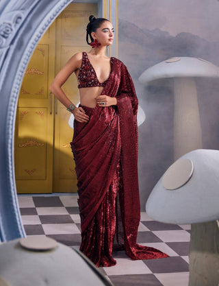 Blair red sangria embellished bustier with sari