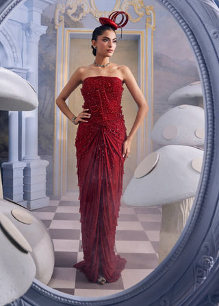 Aurora red stoned embellished corset with draped skirt set