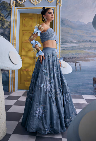 Wendy blue organza floral embellished skirt with bustier