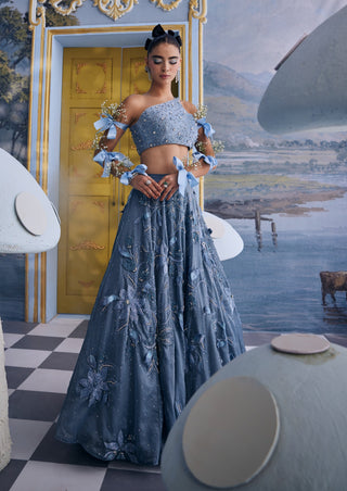Wendy blue organza floral embellished skirt with bustier