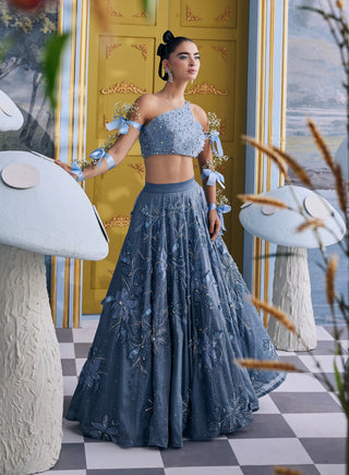 Wendy blue organza floral embellished skirt with bustier