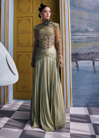 Moana kiwi green embellished corset with pleated skirt