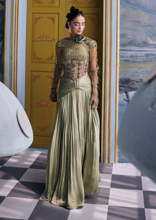 Moana kiwi green embellished corset with pleated skirt