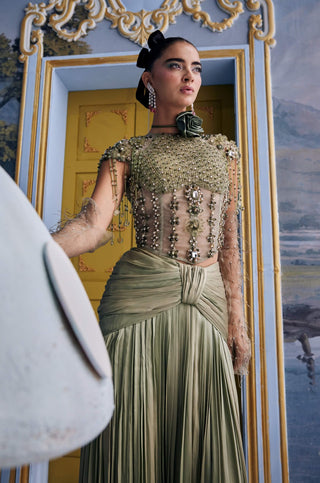 Moana kiwi green embellished corset with pleated skirt