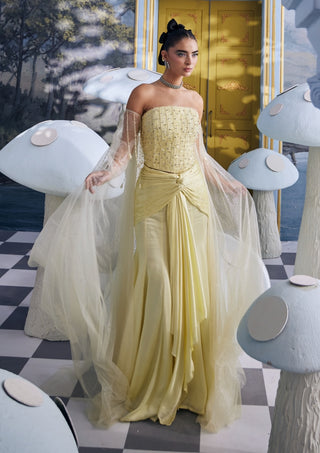 Belle light yellow embellished corset with drape skirt
