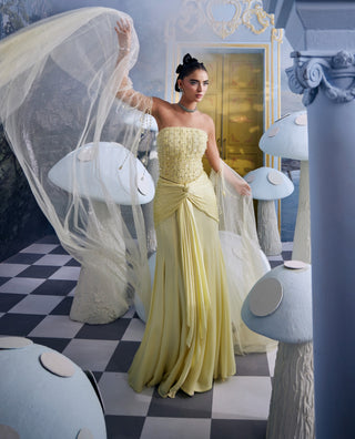 Belle light yellow embellished corset with drape skirt