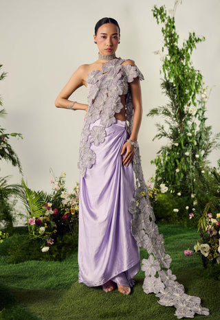 Lavender floral drape sari set