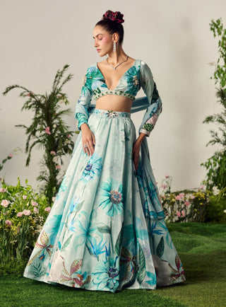 Blue Floral Printed Lehenga Set by Payal And Zinal available on Indiaspopup.com