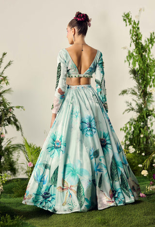 Blue Floral Printed Lehenga Set by Payal And Zinal available on Indiaspopup.com