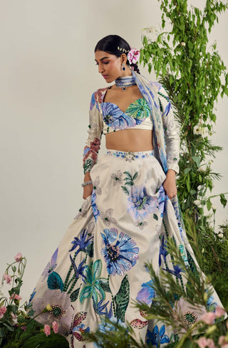 Ivory Floral Printed Lehenga Set by Payal And Zinal available on Indiaspopup.com