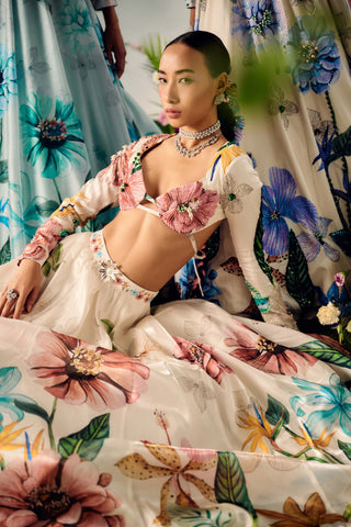 White Floral Printed Lehenga Set by Payal And Zinal available on Indiaspopup.com