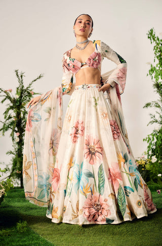 White Floral Printed Lehenga Set by Payal And Zinal available on Indiaspopup.com