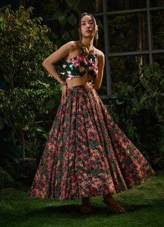 Red Green Flower Skirt And Blouse by Payal And Zinal available on Indiaspopup.com