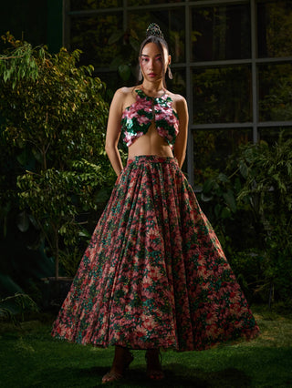 Red green flower skirt and blouse