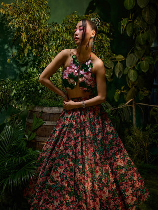 Red green flower skirt and blouse