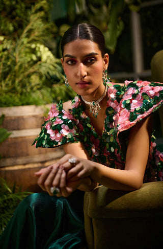 Green red top and draped skirt