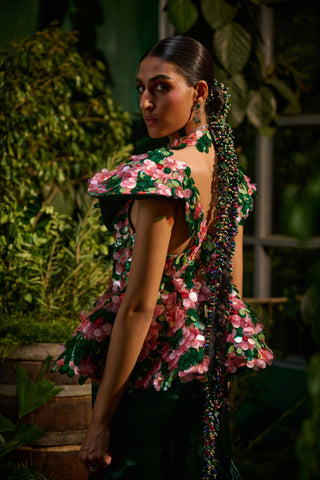 Green red top and draped skirt