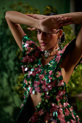 Green red top and draped skirt