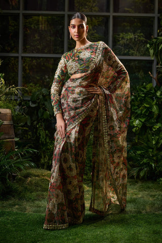 Green red embroidered sari set