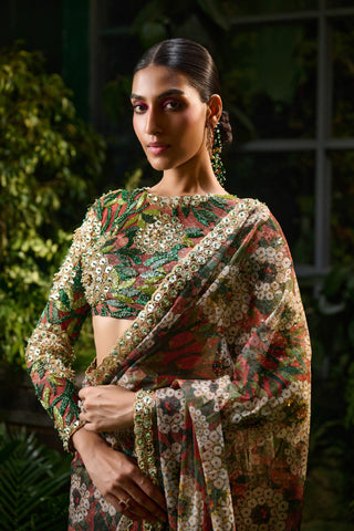 Green red embroidered sari set