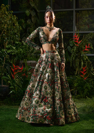 Green Forest Embroidered Lehenga And Blouse by Payal And Zinal available on Indiaspopup.com