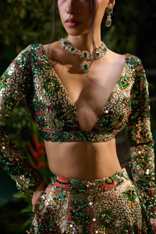 Green Forest Embroidered Lehenga And Blouse by Payal And Zinal available on Indiaspopup.com