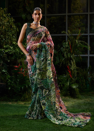 Multicolor floral georgette sari set