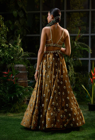 Brown copper motif lehenga and blouse