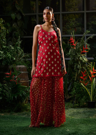 Red Embellished Kurta And Flared Pants by Payal And Zinal available on Indiaspopup.com