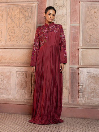 Maroon silk pleated maxi tunic