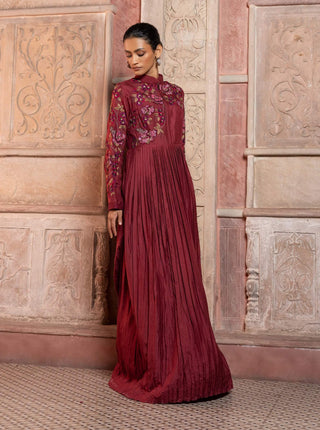 Maroon silk pleated maxi tunic