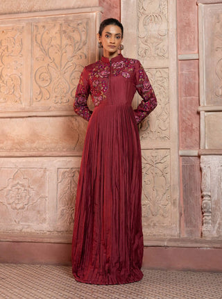 Maroon silk pleated maxi tunic