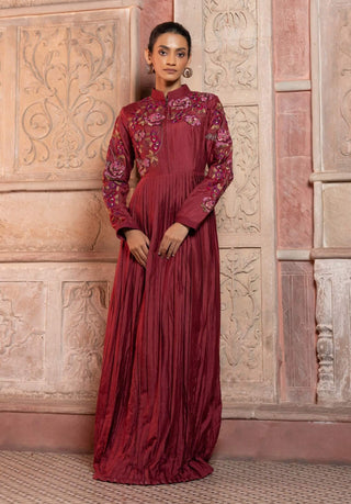 Maroon silk pleated maxi tunic